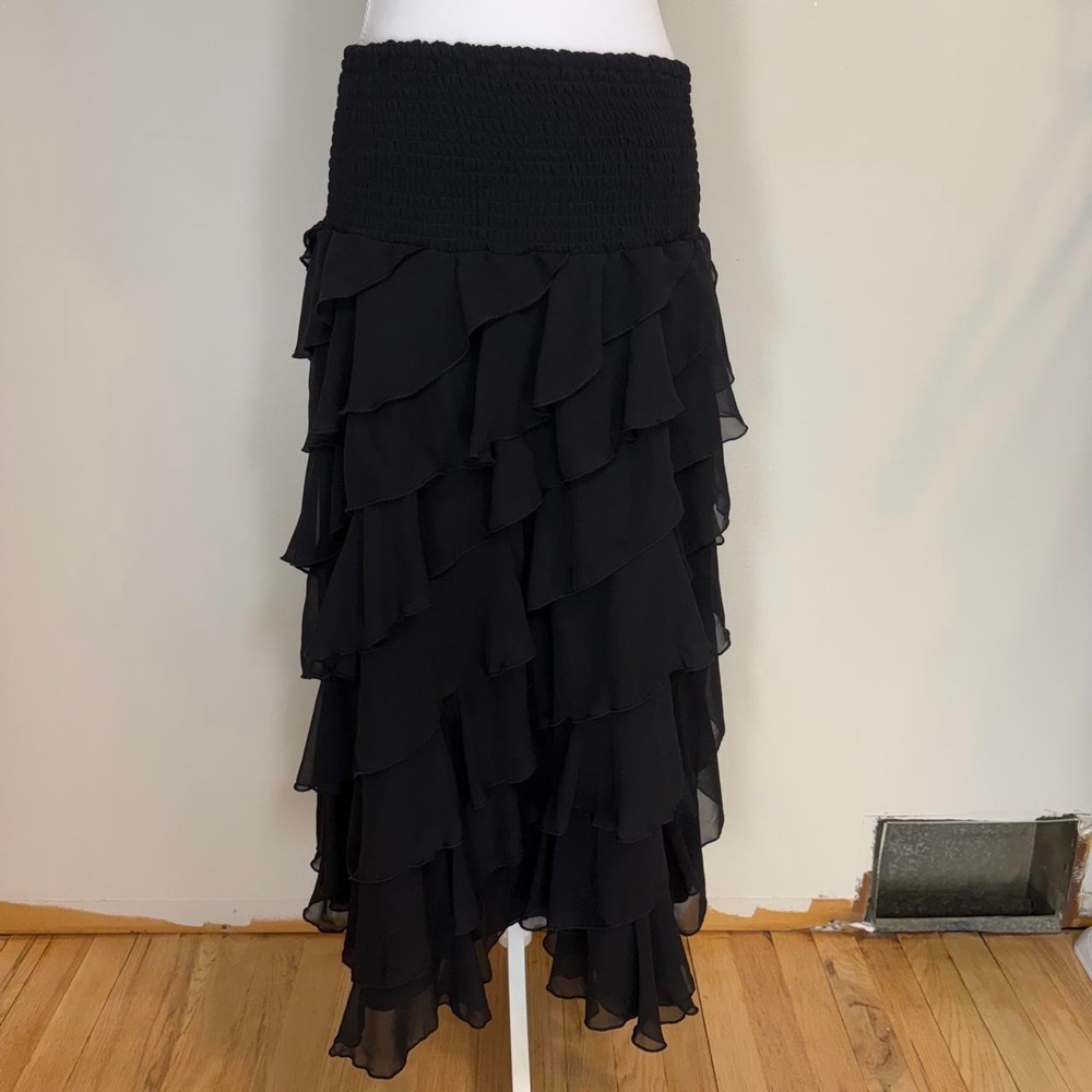 MSK Black Ruffle Tiered Midi Skirt Womens L Whimsigoth Witchy Fairy Grunge